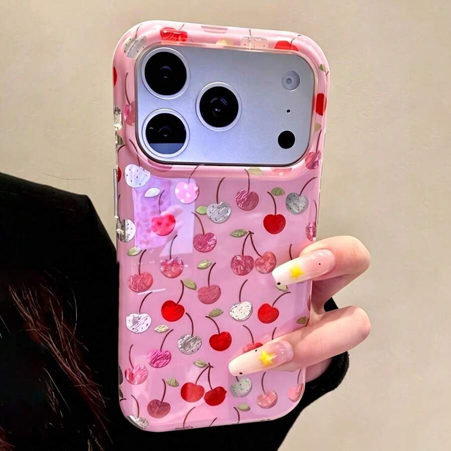 1pc INS Sweet Girl Style Swirl Texture All-Over Print Cherry Glossy Hard Shell Phone Case, Compatible With Phone18/18Pro/18ProMax/17/17Pro/17ProMax/16/16Pro/16Plus/16ProMax/15/15Pro/15ProMax/14/14Pro/14ProMax/13/13Pro/13ProMax