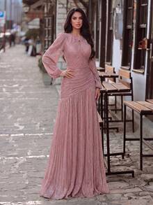 Elegant Round Neck Front Cutout Evening Gown, Suitable For Weddings, Galas, Anniversaries And Formal Occasions Party Fall - Dusty Pink - View 6