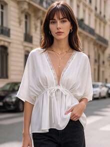 Women White Lace Trim V Neck Drawstring Waist Batwing Short Sleeve Blouse Casual Vacation Tops - White - View 1
