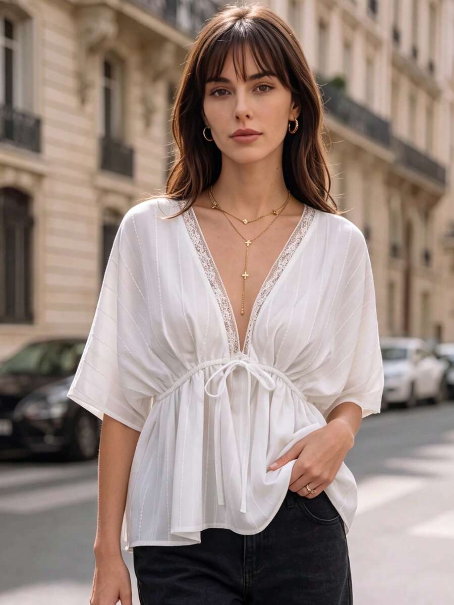 Women White Lace Trim V Neck Drawstring Waist Batwing Short Sleeve Blouse Casual Vacation Tops - White - View 1