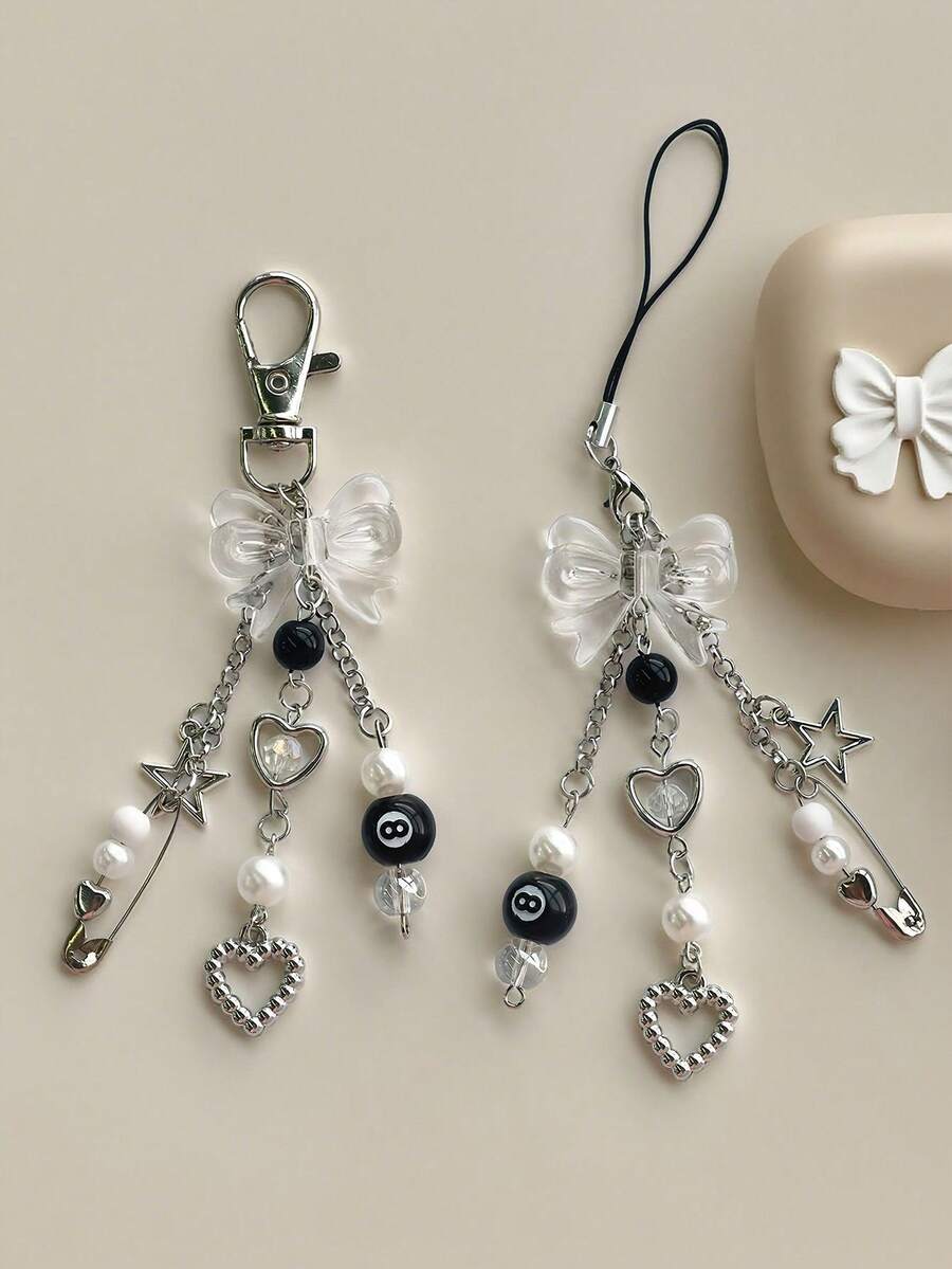 1pc Transparent Black Bow Charm, Korean Sweet & Cool Y2K Style, Girl's Bag, Key, Phone, Earphone Case Pendant, Phone Charm, Daily Accessory - Multicolor - View 1
