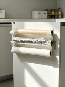 2pcs 3-Tier Wall-Mounted Kitchen Paper Towel Holder, No-Drill Adhesive Paper Towel Aluminum Foil Plastic Wrap Storage Rack, Multi-Function Storage Shelf, Suitable For Cabinet Doors, Tiles And Smooth Walls, Baking Paper, Aluminum Foil, Plastic Wrap Kitchen Accessories - Multicolor - View 1