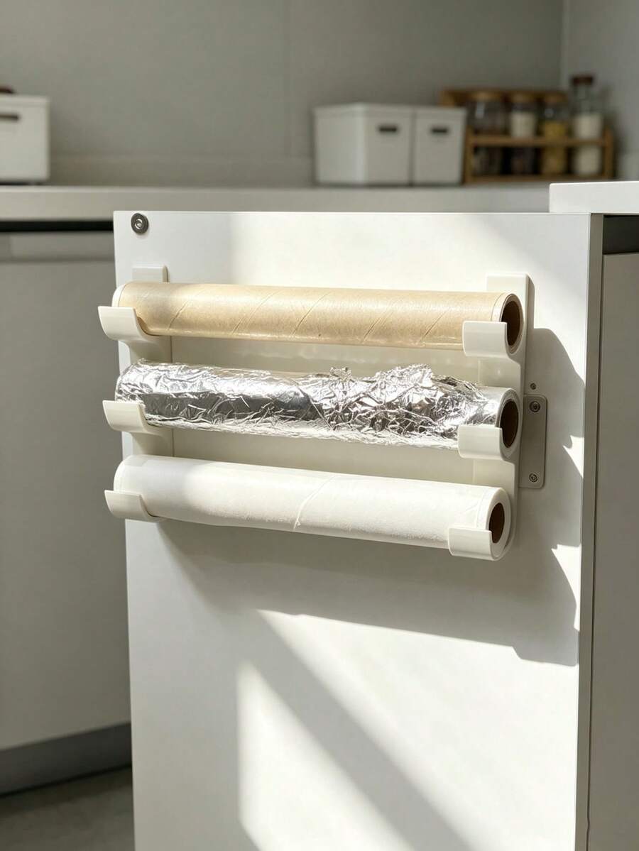 2pcs 3-Tier Wall-Mounted Kitchen Paper Towel Holder, No-Drill Adhesive Paper Towel Aluminum Foil Plastic Wrap Storage Rack, Multi-Function Storage Shelf, Suitable For Cabinet Doors, Tiles And Smooth Walls, Baking Paper, Aluminum Foil, Plastic Wrap Kitchen Accessories - Multicolor - View 1