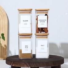 Square Glass Spice Jar, 8oz Capacity With Bamboo Lid-Food Storage Container With Pre-Filled Waterproof Minimalist Label-Perfect For Storing Spices, Herbs, And Salt In The Kitchen. - Clear - View 5
