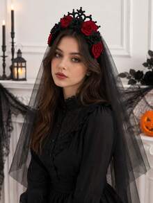 1pc Gothic Crown Veil Headband, Artificial Rose Flower Headband, Dark Vampire Cosplay Hair Accessory, Suitable For Halloween, Christmas Costume Party, Formal Ball (17*56cm/6.69*22.05in) - Crown Veil - View 4