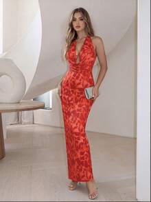 Gaun Maxi Halter Jala Bunga Merah Colysmo, Gaun Pesta Malam Formal Bodycon Tanpa Punggung dengan Leher Kerah dan Belahan Belakang untuk Pernikahan dan Pesta Koktail untuk Wanita - Merah - View 7