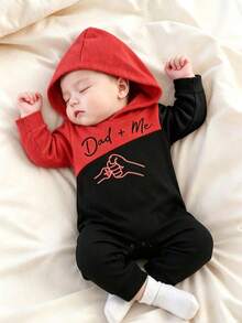Baby Boy Simple Letter Pattern Colorblock Thin Hooded Romper Crawler Suit - Red - View 1