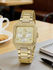 GUESS Luxury GW0472L2 Chronograph Watch, Square Mother-Of-Pearl Subdial Rhinestone Decor Gold Metal Band Women Wristwatch - Gold - View 10