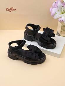 1 Pair Black Girls' Spring/Summer Thick Sole Casual Sandals + Large Bow Decor Hook & Loop Design Versatile Open Toe Sandals For Outdoor / Vacation 2026 New Style - Black - View 11