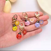 2 Pcs Assorted Colors Ladybug Flower Keychains, Zinc Alloy Enamel Bag Charms, Cute Insect‑Themed Pendants For Keys Backpack Decor - Multicolor - View 3