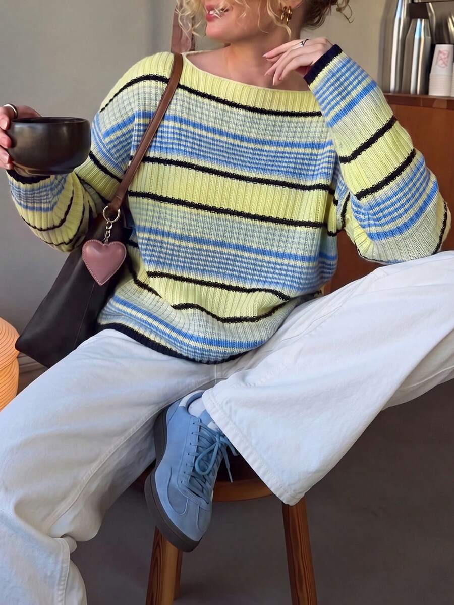 Women Fall Winter Color Block Striped Knit Sweater, Boat Neck Long Sleeve Loose Drop Shoulder Pullover For Daily, Date & Street Wear - Multicolor - View 1