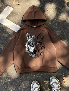 Casual Minimalist Wolf Head Print Long Sleeve Hooded Loose Sweatshirt, Suitable For Autumn/Winter Wear, Teen Boys Style - Brown - View 1