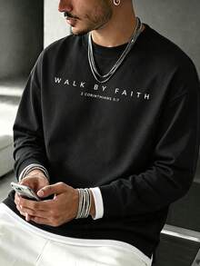 Men's Autumn/Winter Confidence Motivational Print 2 In 1 Long Sleeve T-Shirt, Breathable Knit Fabric, Regular Crew Neck Fit, Layered Look Casual Top - Black - View 4