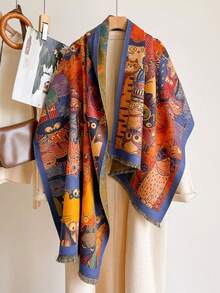 1pc Autumn/Winter New Youthful Cartoon Cat Pattern Faux Cashmere Jacquard Scarf For Women, Cute Soft Tassel Shawl, Warm Windproof Neck Warmer, Soft Skin-Friendly, Suitable For Holiday Gift Matching - Royal Blue - View 2
