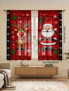2Pcs Cartoon Santa Claus & Red Nose Reindeer Curtains, Red Plaid Winter Print Pattern, Holiday Window Decor, Semi-Sheer Rod Pocket Curtains, Suitable For Living Room And Bedroom, Rod Not Included, Living Room Christmas Curtains - Cartoon - View 17