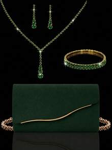 Beige Large Women's Clutch Bag, Evening Bag With Detachable Chain Shoulder Strap, Paired With Sparkling Rhinestone Jewelry Set, Rhinestone Pendant Necklace, Earrings And Bracelet, Suitable For Weddings And Formal Occasions, Made Of Velvet Material - Dark Green - View 11