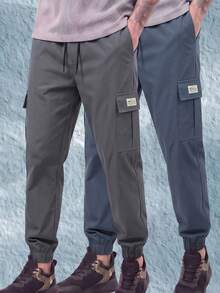 1pc Men's Multi-Pocket Solid Color Cargo Pants, Outdoor Hiking Casual Pants, Suitable For Daily Commute, Sports Training, Fitness Workout, Lightweight, Elastic Waist Drawstring, Elastic Cuffs, Long Pants, Vacation - Dusty Blue - View 3
