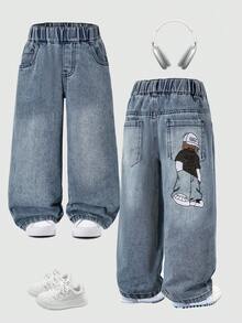 Toddler Cartoon Embroidered Straight Leg Jeans - Blue - View 3