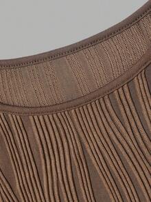Women Fall Pleated Wide Leg Pants, High Elastic Waist Side Pockets Textured Knit Loose Straight Trousers - Coffee Brown - View 5