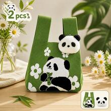 2pcs Cute Panda Handbag With Panda Accessories, Large Capacity Knitted Woven Bag, Versatile Cartoon Tote Bag, New Holiday Gift Bag Souvenir - Multicolor - View 8
