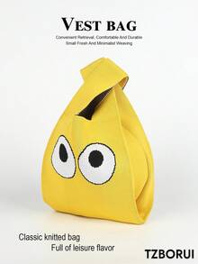 1pc Solid Color Hollow Knitted Lightweight Foldable Casual Tote Handbag Wristlet Bag, Suitable For Women/Girls For Daily, Vacation, School, Commute, All Seasons - Yellow - View 2