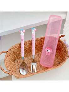 SANRIO 2Pcs Kawaii Character Dinner Utensils, Stainless Steel Spoon And Fork Set With Carry Case, Lovely Portable Tableware For School Picnic - Multicolor - View 11
