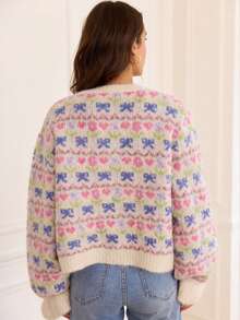 Women's Comfortable Plush Knit Cardigan, Pink Floral With Blue Bow Pattern, Long Sleeve Round Neck Button Front Sweater Top - Apricot - View 5