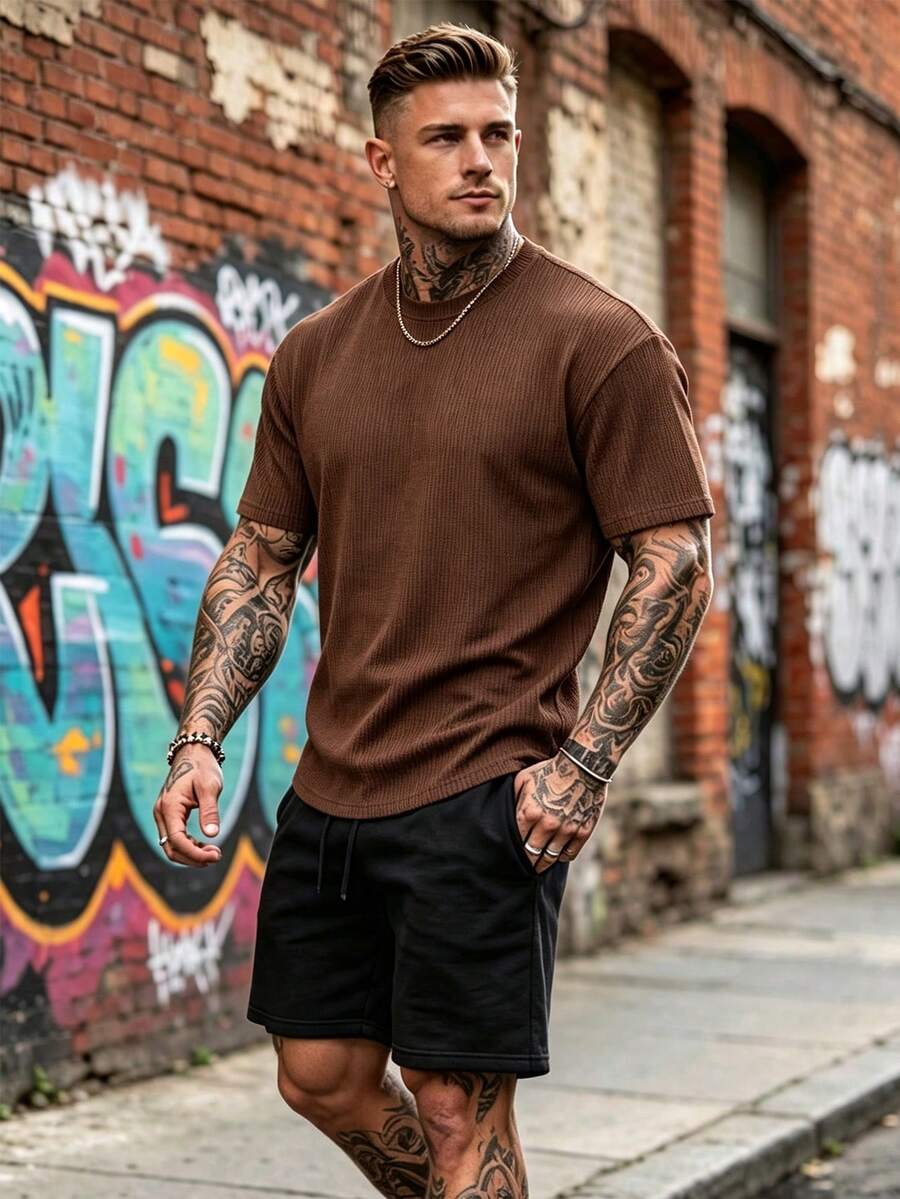 Men's Solid Color Waffle Knit Texture T-Shirt, Round Neck Drop Shoulder Loose Fit Short Sleeve Casual Top, Suitable For Summer Outdoor Wear - Coffee Brown - View 1