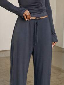 Women's Knitted Straight Leg Pants, Medium Stretch, With Faux Drawstring, Fashion Long Pants - Dark Wash - View 4