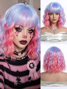 Blue Pink Orange Ombre 12Inch Synthetic Wig Full Bangs Water Wave Bob Layered Cut Vibrant Cosplay Look Fashion Accessory For Daily, Party, Halloween & Christmas - Multicolor - View 13