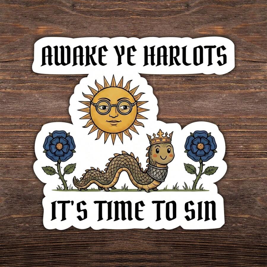ملصق ميم العصور الوسطى "Awake Ye Harlots" بحجم 3 بوصات، فكاهة تاريخية جامحة، ملصق للأجهزة المحمولة وزجاجات المياه والدفاتر والمجلات والأكواب، لموظفي المكاتب والطلاب وعمال التجزئة والمبدعين وعشاق الفوضى - متعدد الألوان - مشاهدة 1