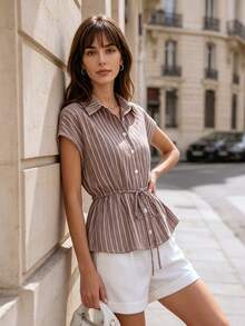 Fall Clothes For Women Striped Collared Shirt Top, Cap Sleeve Button Front Drawstring Waist Peplum Blouse Elegant Autumn Outfits For Women - Brown - View 8