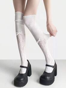 1 Pair Sweet Cool Y2K Hot Girl Style Over-The-Knee Socks, Contrast Lace Bow Long Tube Socks, Sexy Black Sheer Socks - Multicolor - View 2