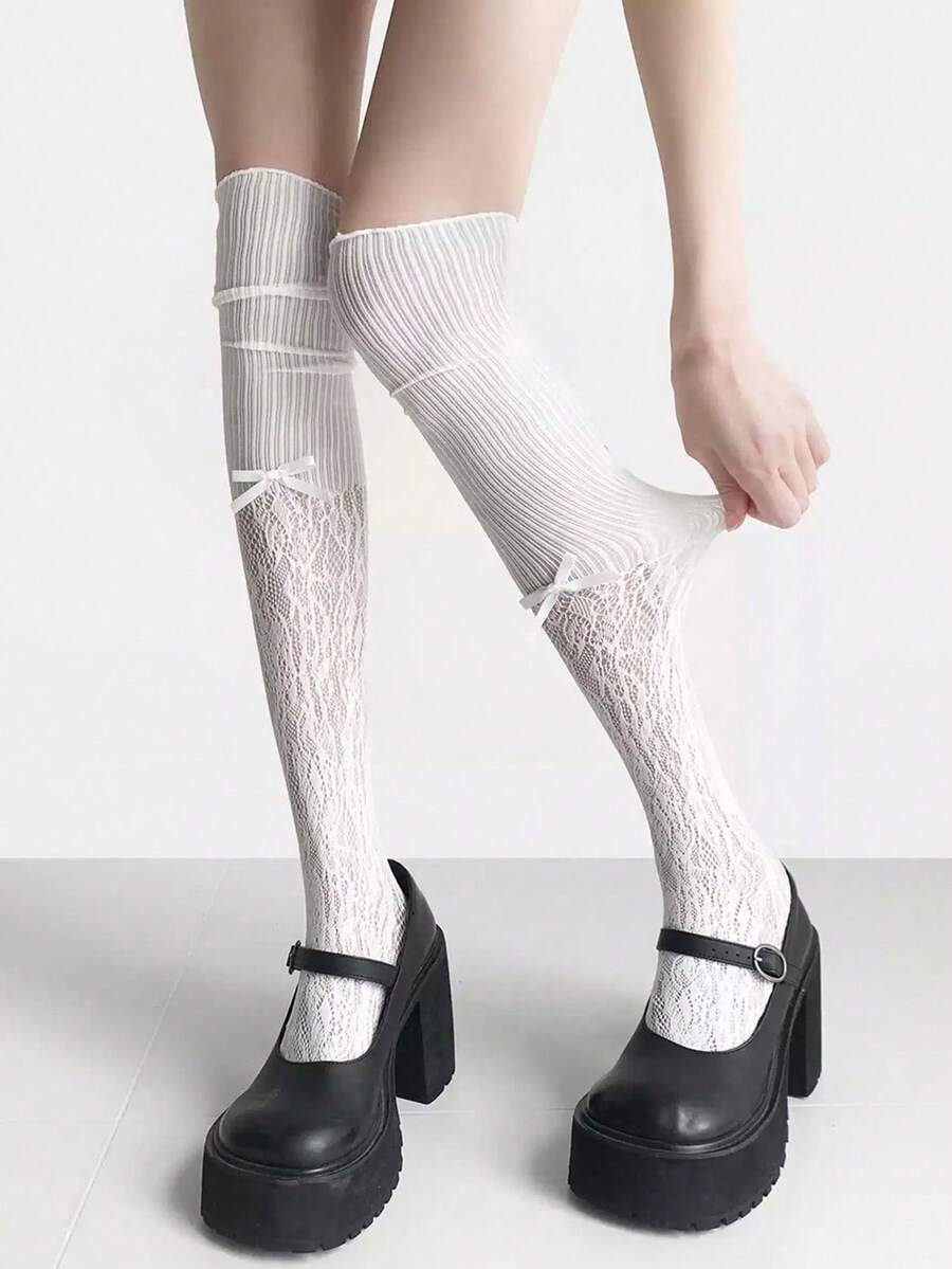 1 Pair Sweet Cool Y2K Hot Girl Style Over-The-Knee Socks, Contrast Lace Bow Long Tube Socks, Sexy Black Sheer Socks
