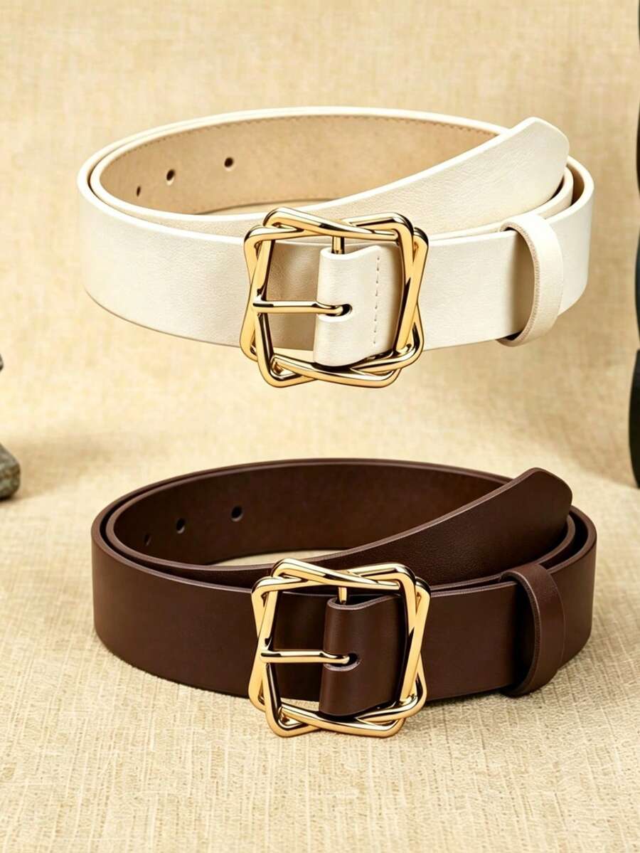 APLCSEY 2pcs Women's Black PU Leather Belts, Fashionable Casual Street Style Waist Belts Suitable For Daily Wear - Brown + White - View 1