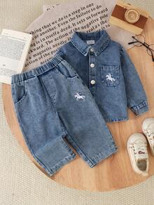 2pcs Baby Girl Cool & Sweet Animal Embroidered Long Sleeve Denim Jacket & Denim Pants Set, Spring/Autumn - Blue - View 3