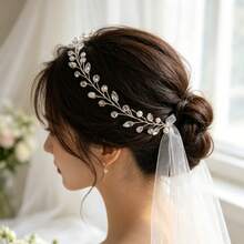 Bridal Wedding Handmade Pearl & Crystal Soft Chain Headband With White Tulle Ribbon Hair Accessory - White - View 2