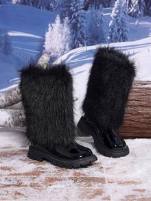 1 Pair New Autumn/Winter Fluffy Long Fur Decor Warm Comfortable Round Toe Mid-Calf Back Zipper Design Classic Children's Boots - Black - View 2