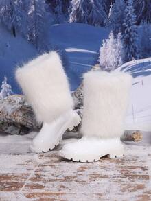 1 Pair Autumn/Winter New Fluffy Long Fur Decor Shiny Warm Comfortable Round Toe Back Zipper Design Mid-Calf Classic Kids Boots - White - View 4
