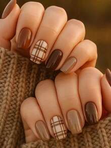 24PCS Autumn/Winter Caramel Brown & Milk Coffee Plaid Wearable Nails, Medium Square Shape, Skin-Flattering Handmade Press-On False Nails, Removable Nail Stickers - Mocha Brown - View 1