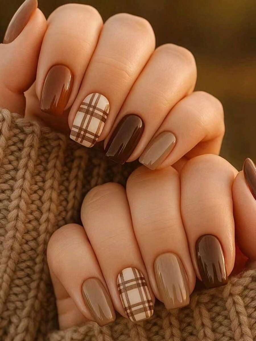 24PCS Autumn/Winter Caramel Brown & Milk Coffee Plaid Wearable Nails, Medium Square Shape, Skin-Flattering Handmade Press-On False Nails, Removable Nail Stickers - Mocha Brown - View 1