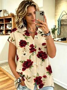 Mother's Day Casual Fashion Rose Print Oversized Loose Button Down Short Sleeve Shirt Blouse Vacation Summer - Khaki - View 1