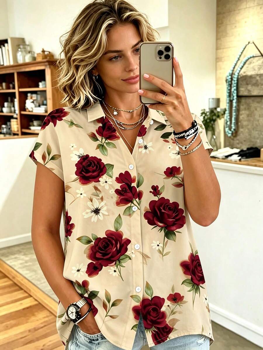 Mother's Day Casual Fashion Rose Print Oversized Loose Button Down Short Sleeve Shirt Blouse Vacation Summer - Khaki - View 1