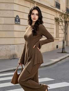 Women Fall Pleated Long Flare Sleeve Top, Round Neck Asymmetrical Ruffle Hem Blouse Autumn Outfits For Women - Coffee Brown - View 6