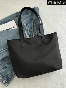 Fashion Solid Color Minimalist Large Capacity Shoulder Handbag, Suitable For Shopping, Carrying Wallet, Casual Outings, Especially For Young Women, College Students, New Professionals, White-Collar Workers. Also Very Suitable For Office, University, Work, Business, Commuting, Outdoor Activities, Travel And Outings, A Must-Have Handbag For Women And College Students. - Black - View 1