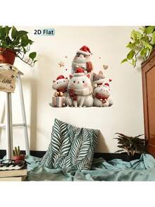 1pc 2D Flat Wall Sticker, Cute Fluffy Cat Wearing Christmas Hat And Red Knitted Scarf, Gift Box, Heart, Star, Snowflake Pattern, Suitable For Living Room, Bedroom, Christmas Home Decor - Christmas Decorations - View 1