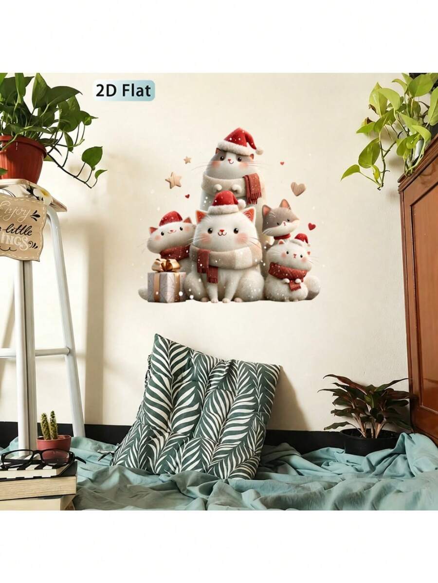 1pc 2D Flat Wall Sticker, Cute Fluffy Cat Wearing Christmas Hat And Red Knitted Scarf, Gift Box, Heart, Star, Snowflake Pattern, Suitable For Living Room, Bedroom, Christmas Home Decor - Christmas Decorations - View 1