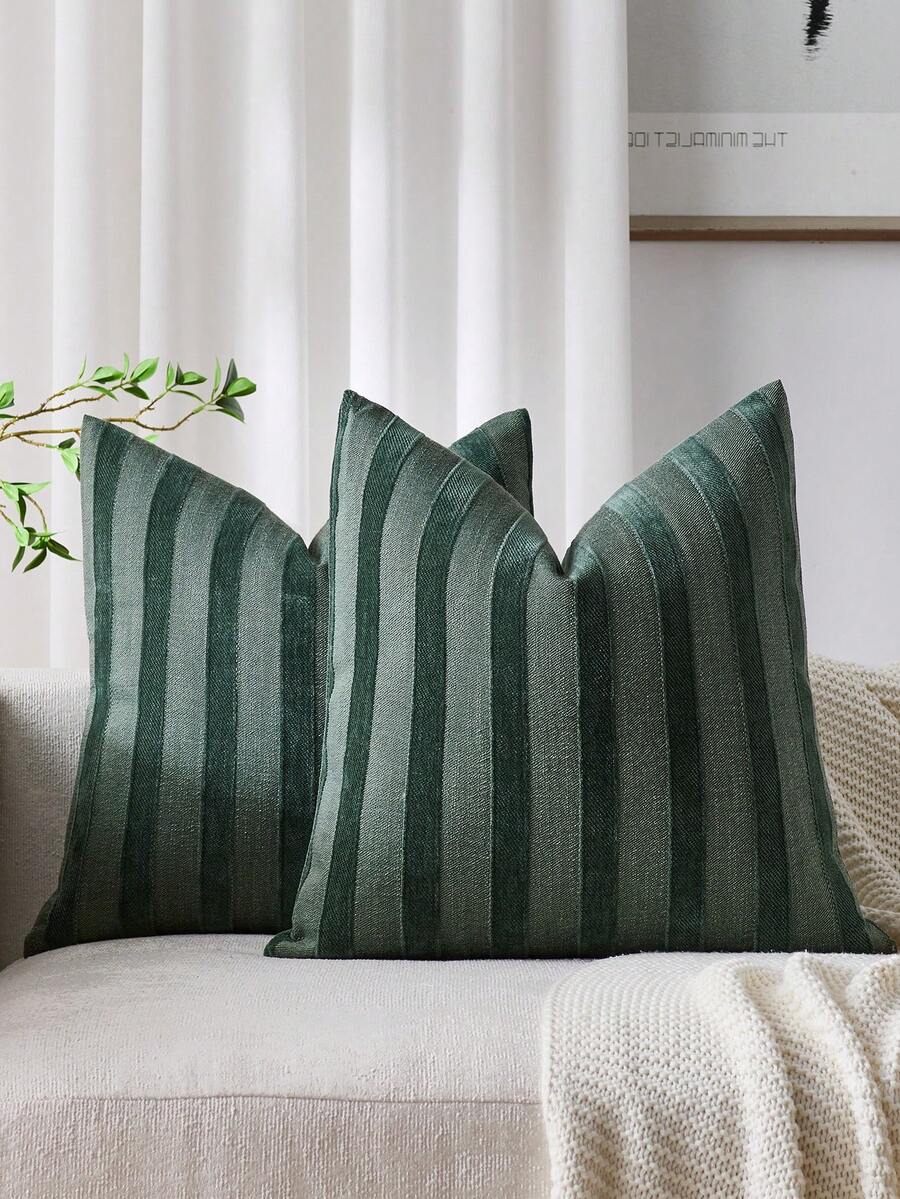 1pc/2pcs Olive Green 3D Striped Throw Pillow Cover (Pillow Insert Not Included), Modern Fashionable Soft Chenille And Faux Linen Blend Dual-Tone Striped Comfortable Cushion Cover, Suitable For Home Sofa, Bedroom, Decor, All Seasons