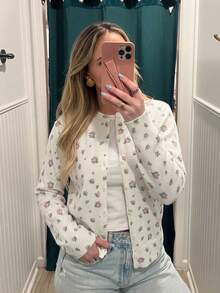 Autumn New Korean Style Gentle Ditsy Floral Cardigan Women's Round Neck Button Knit Top - White - View 2
