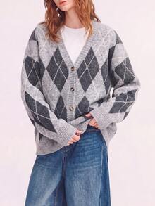 Women's Autumn/Winter Casual Classic Argyle Pattern V-Neck Cardigan Jacket - Grey - View 4